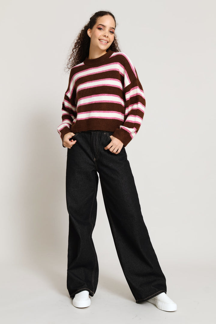 Stripe Crew Knit Pullover - Chocolate
