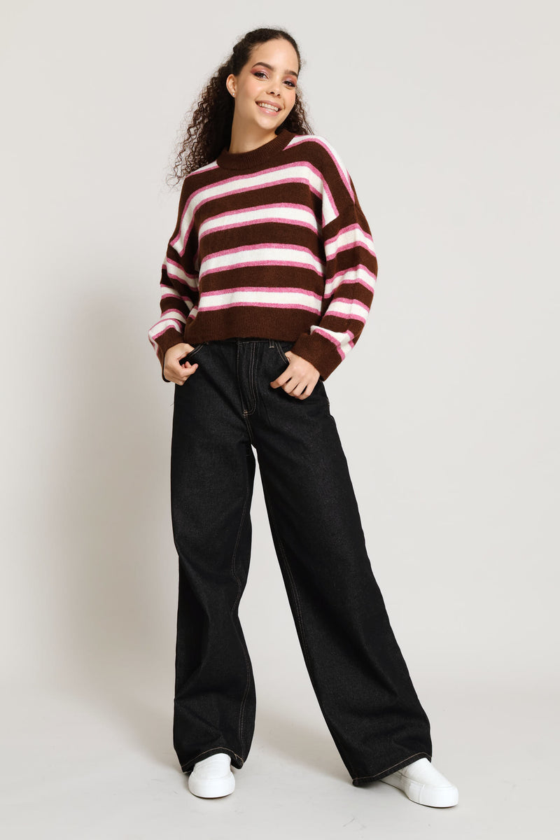 Stripe Crew Knit Pullover - Chocolate