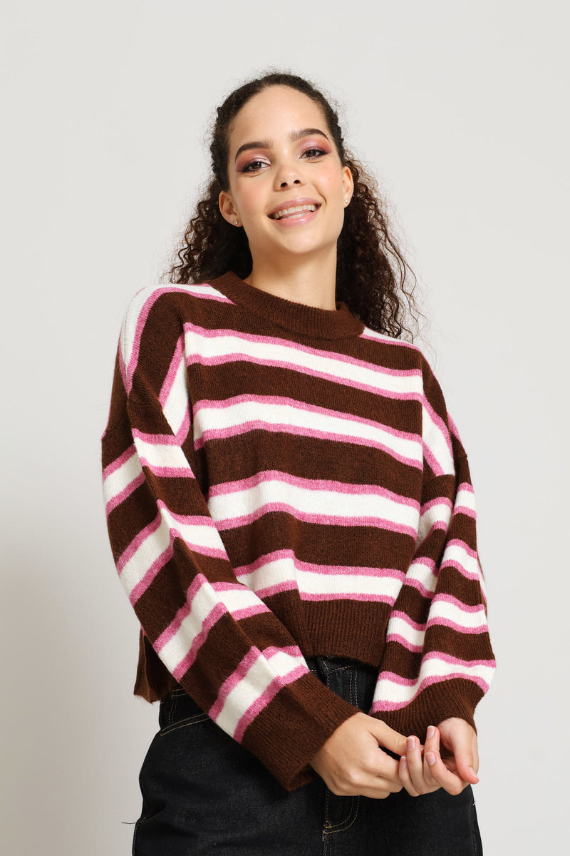 Stripe Crew Knit Pullover - Chocolate