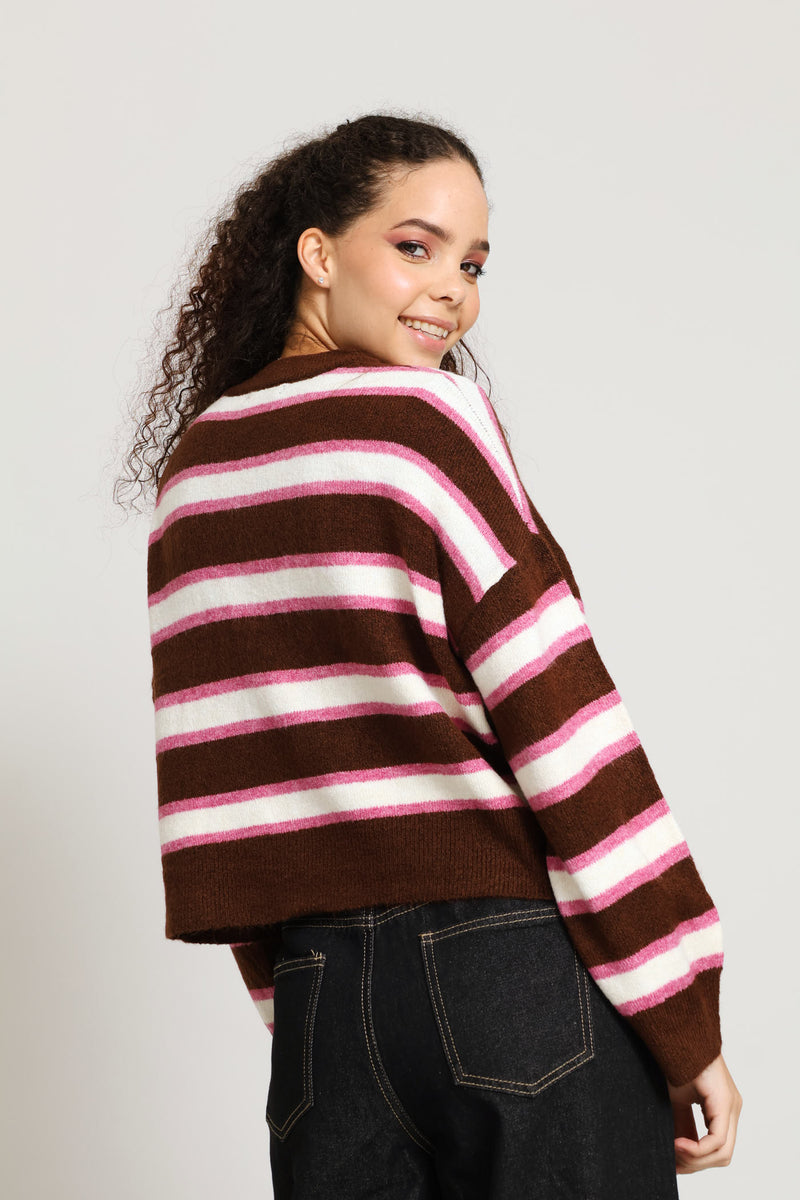 Stripe Crew Knit Pullover - Chocolate