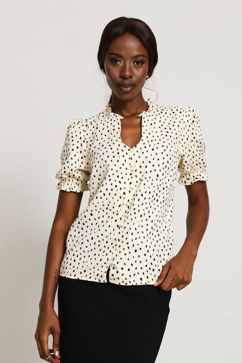 V-Neck Frill Neck Spot Blouse - Cream