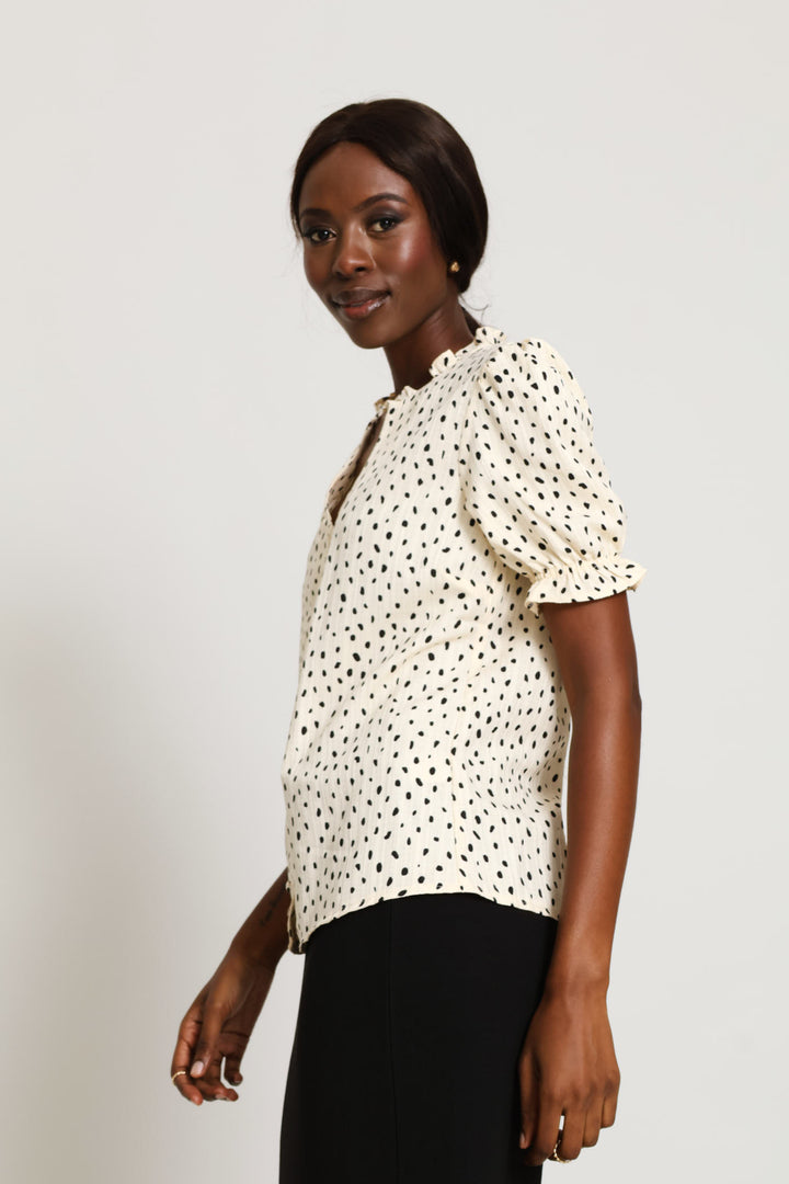 V-Neck Frill Neck Spot Blouse - Cream