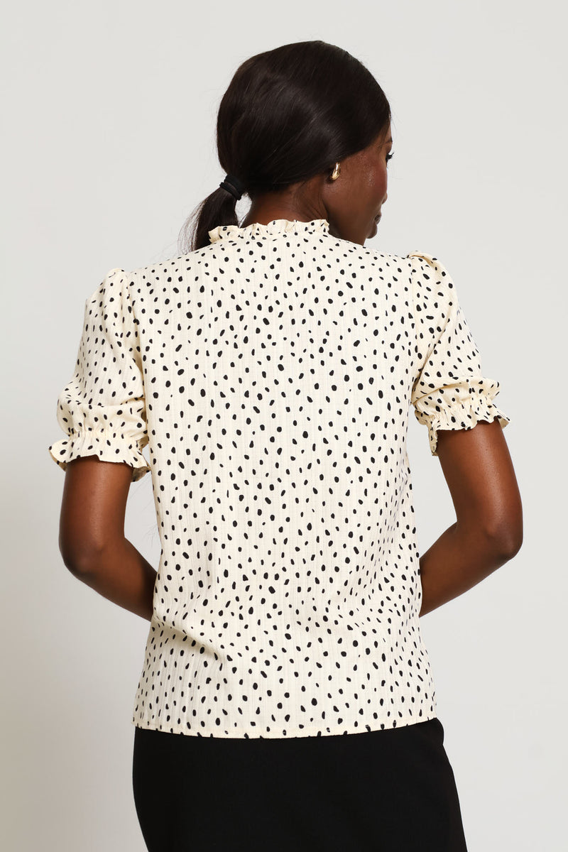 V-Neck Frill Neck Spot Blouse - Cream