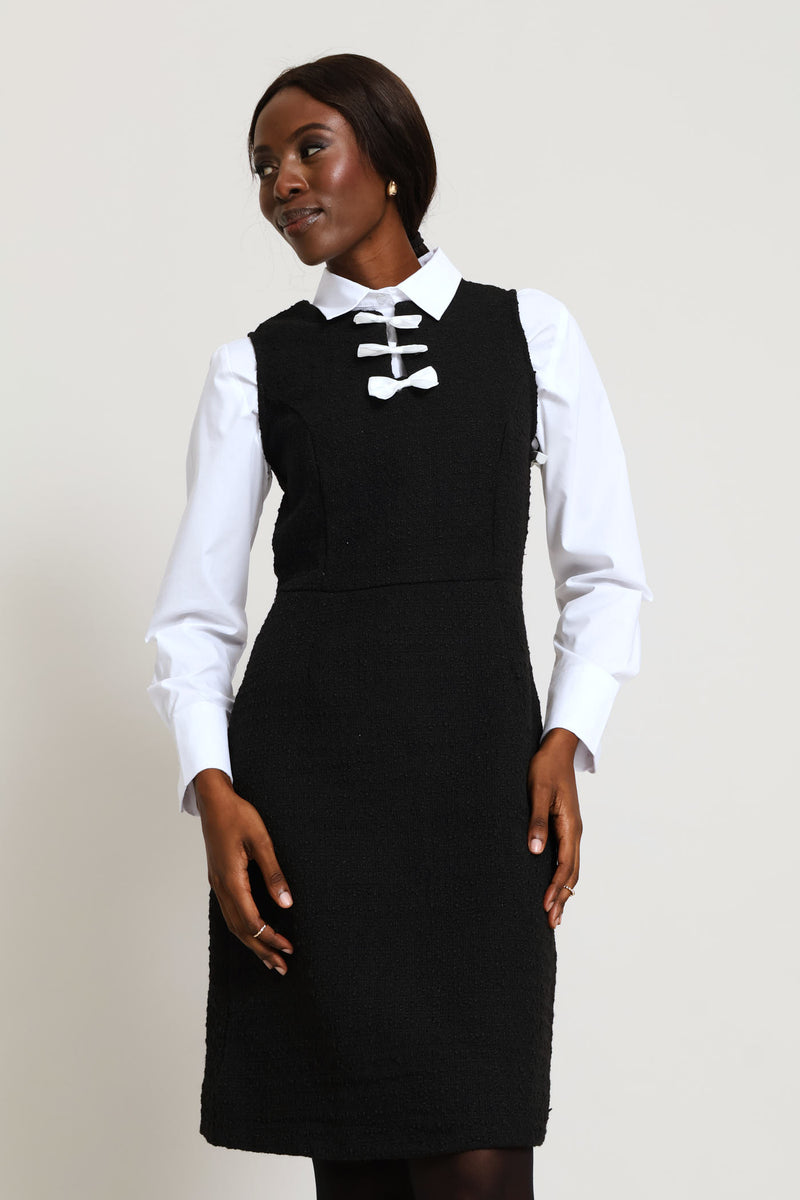 Bow Contrast Tweed Dress - Black