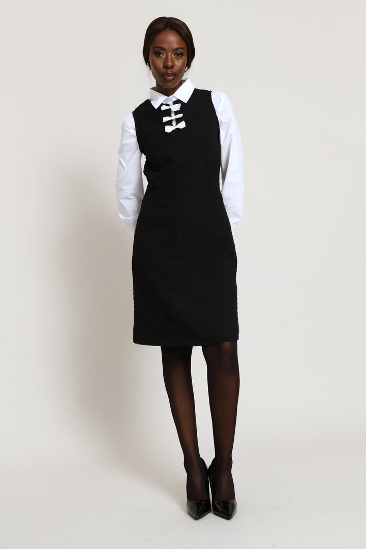 Bow Contrast Tweed Dress - Black