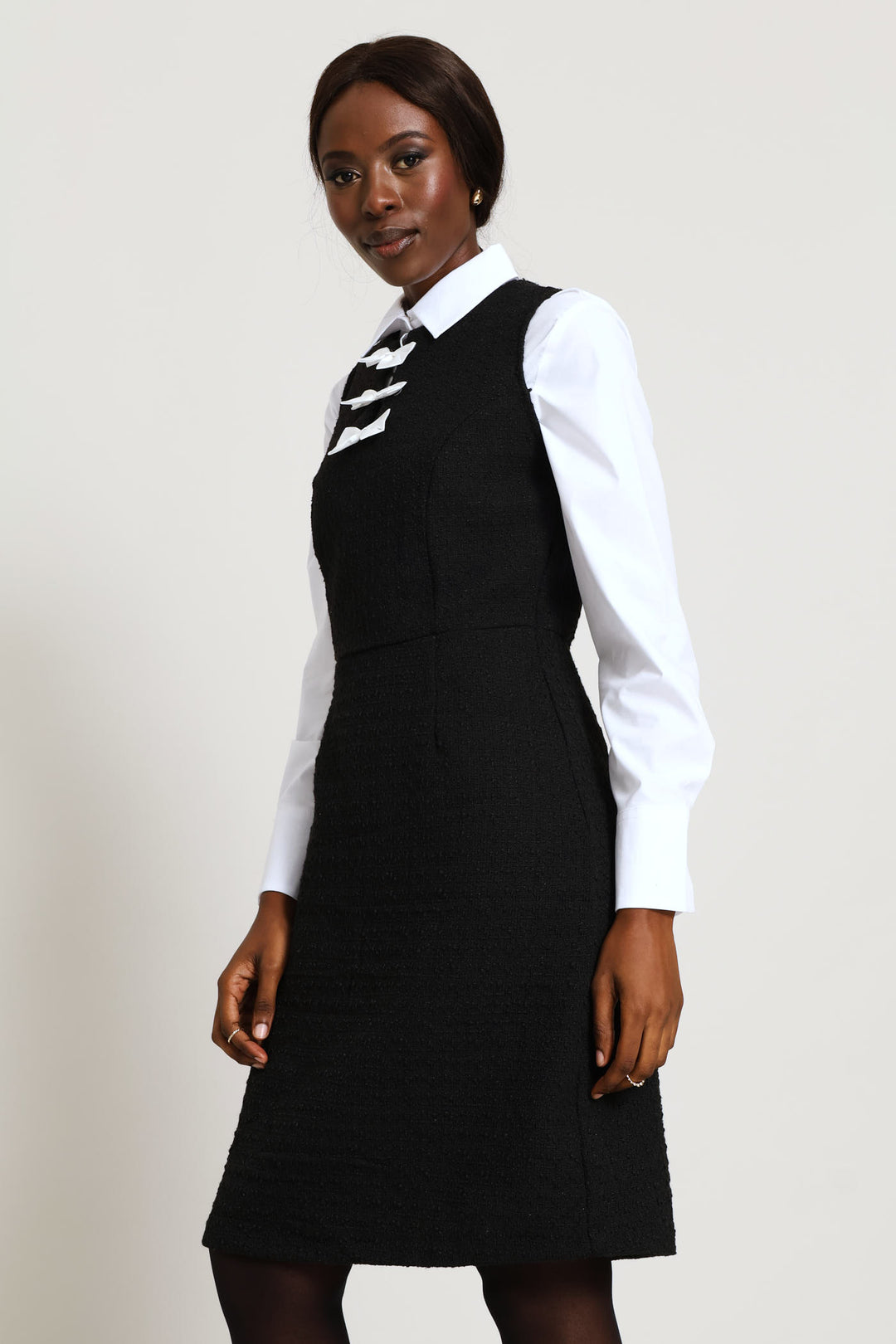 Bow Contrast Tweed Dress - Black
