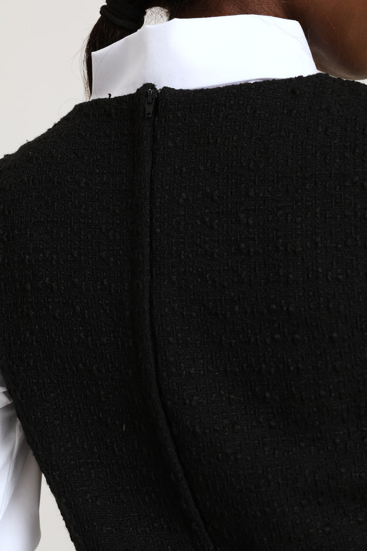 Bow Contrast Tweed Dress - Black