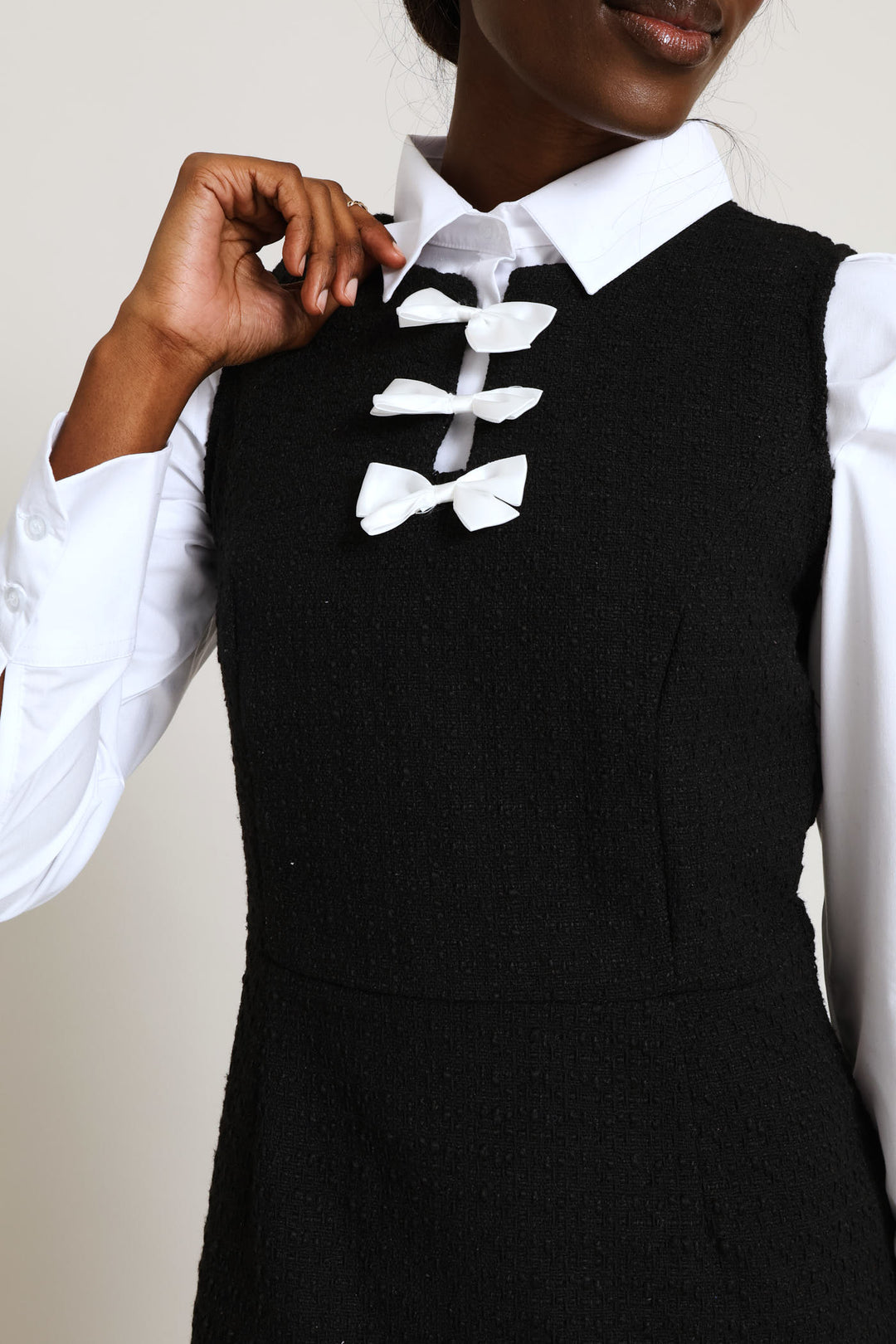 Bow Contrast Tweed Dress - Black