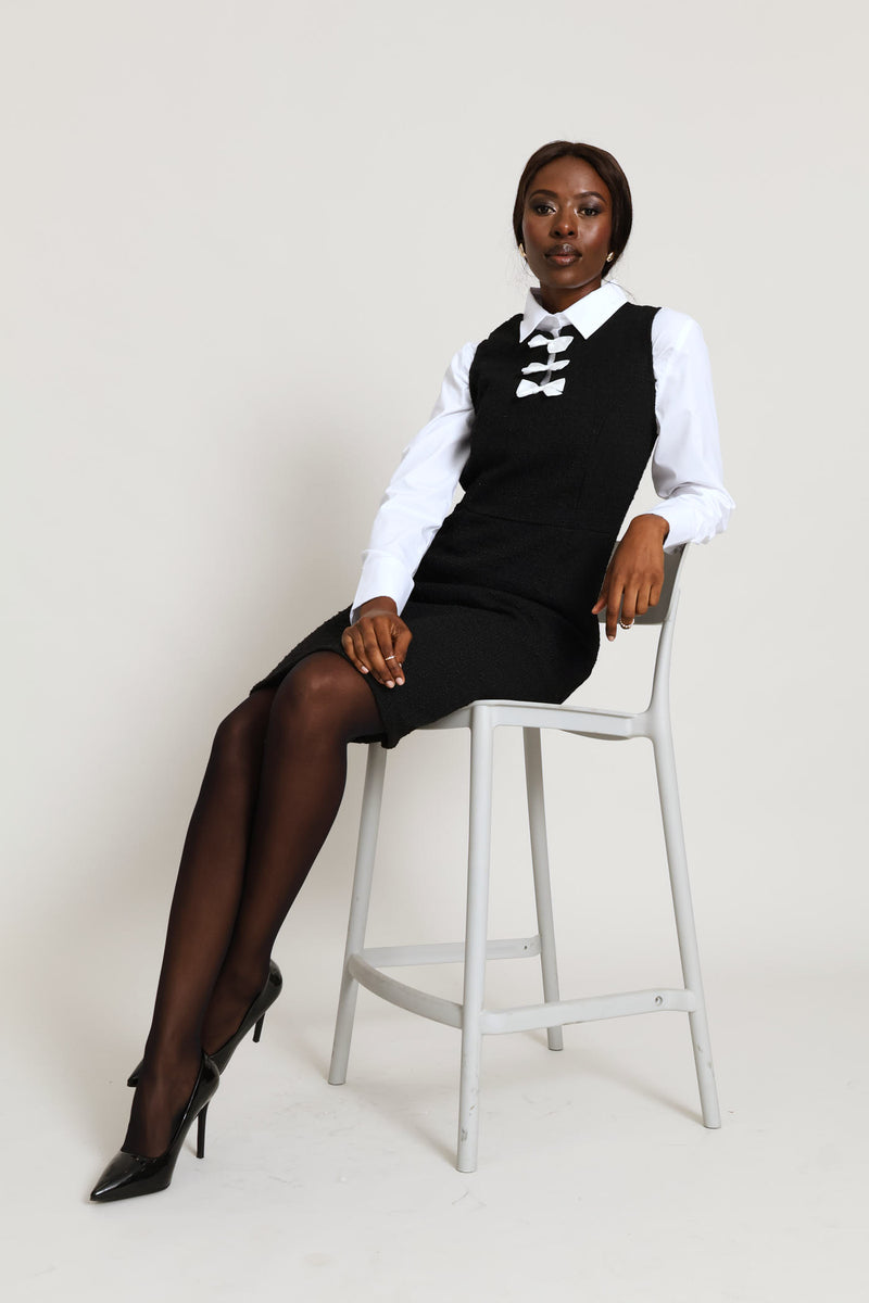 Bow Contrast Tweed Dress - Black