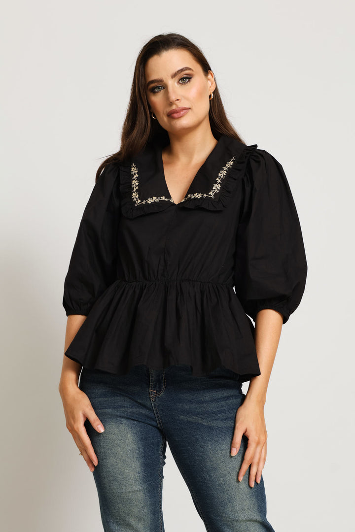 3/4 Sleeve Embroidered Peterpan Peplum Poplin Blouse - Black