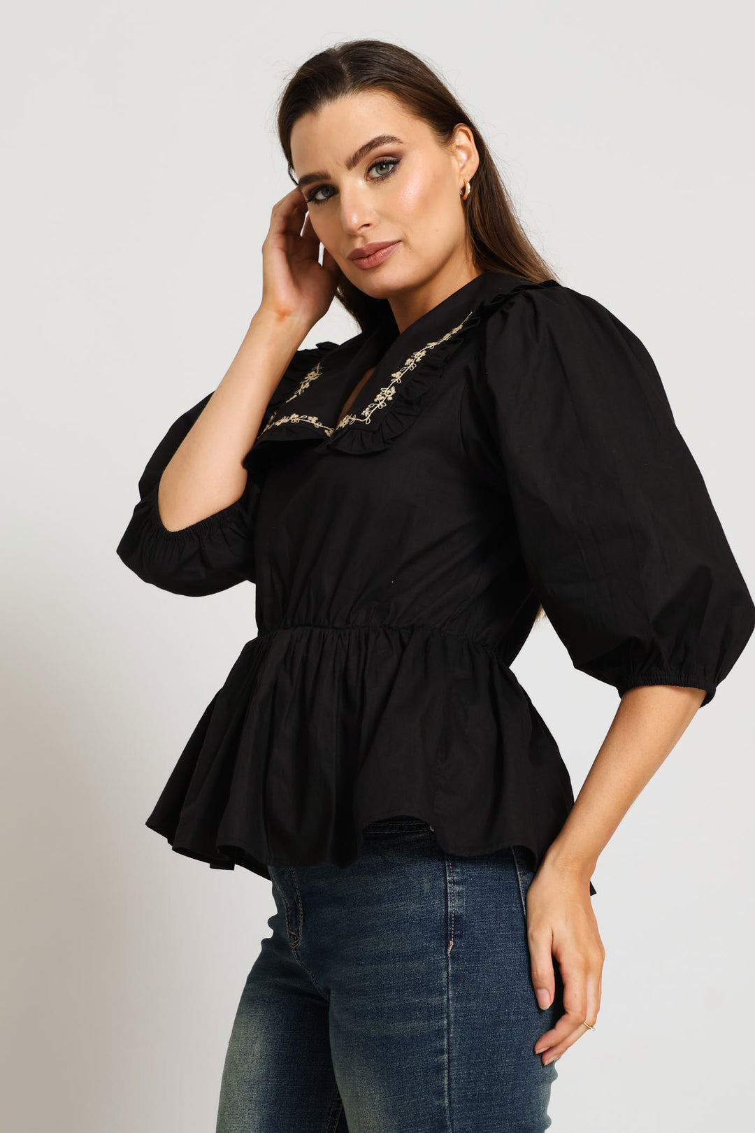 3/4 Sleeve Embroidered Peterpan Peplum Poplin Blouse - Black