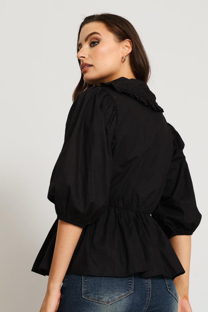 3/4 Sleeve Embroidered Peterpan Peplum Poplin Blouse - Black