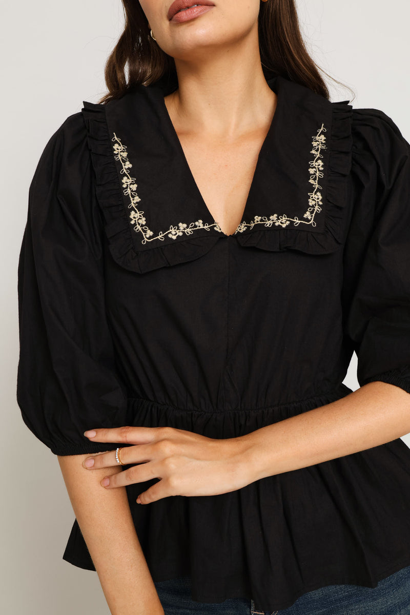 3/4 Sleeve Embroidered Peterpan Peplum Poplin Blouse - Black