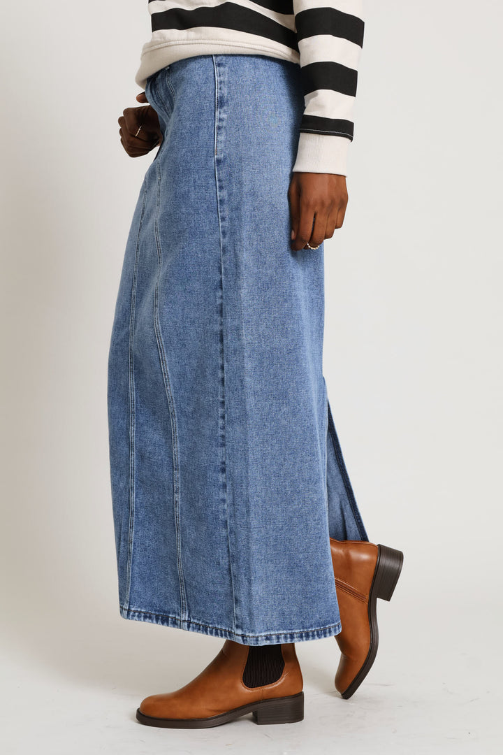 Pannelled Denim Maxi With Back Slit - Mid Wash