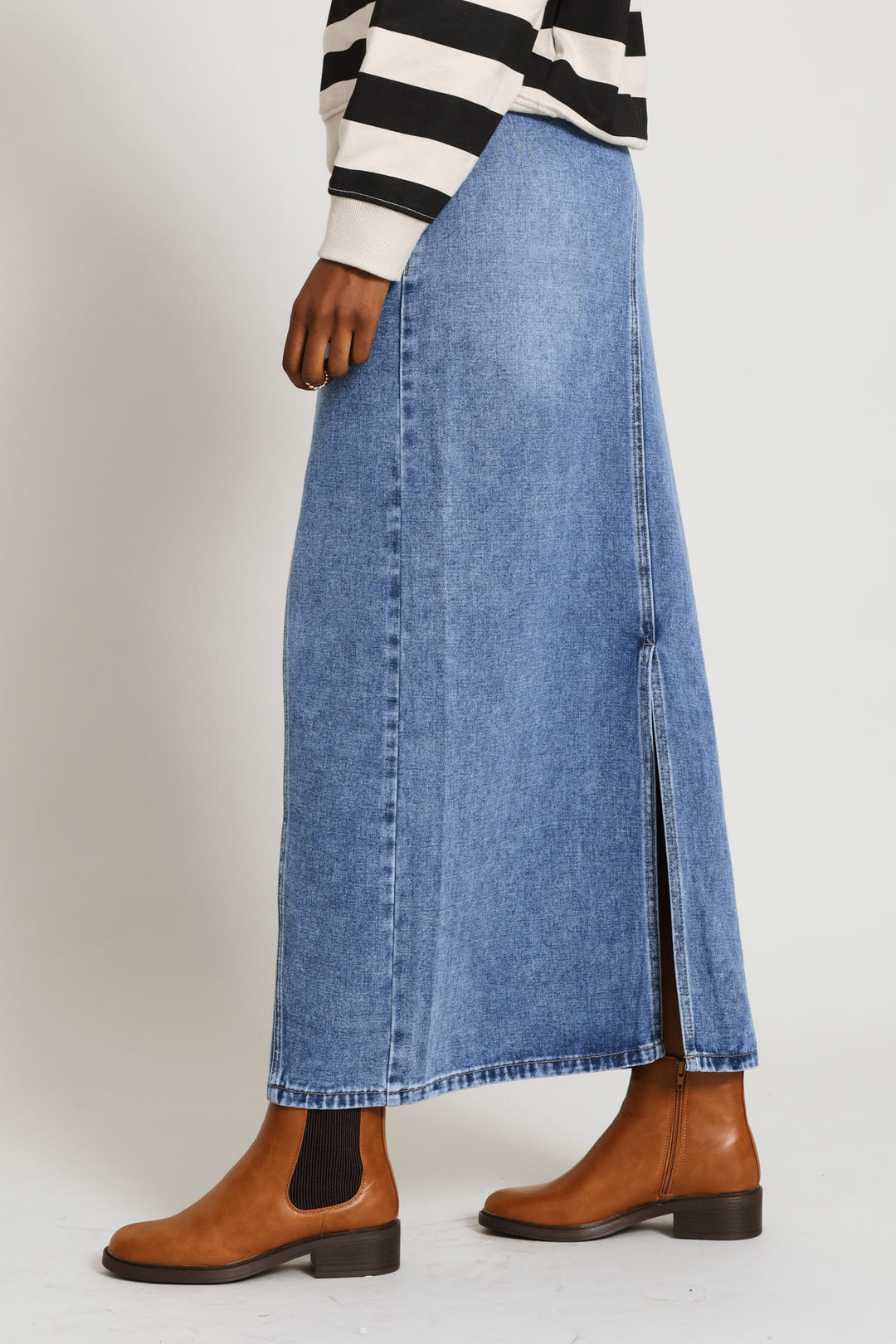Pannelled Denim Maxi With Back Slit - Mid Wash