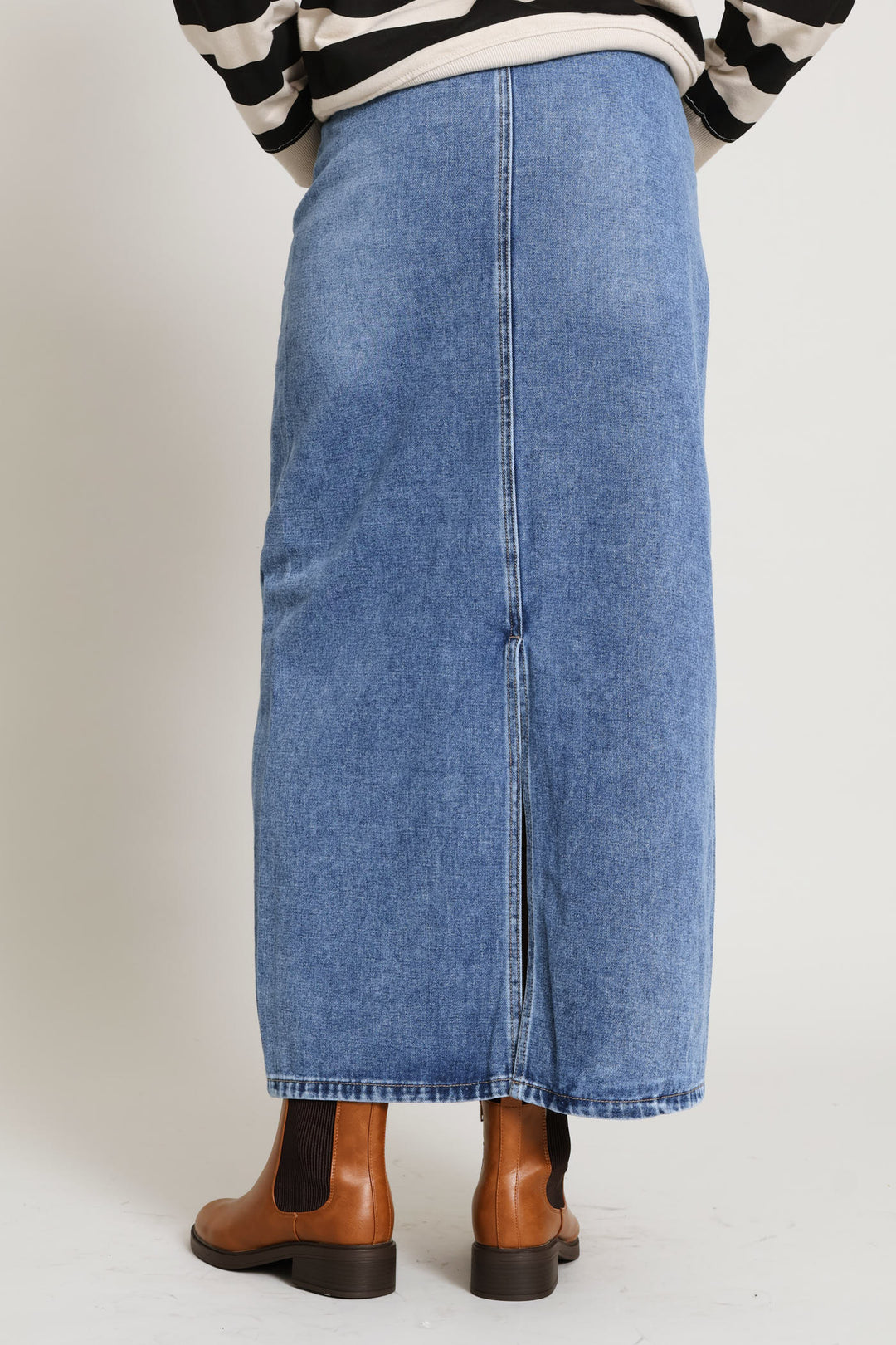 Pannelled Denim Maxi With Back Slit - Mid Wash