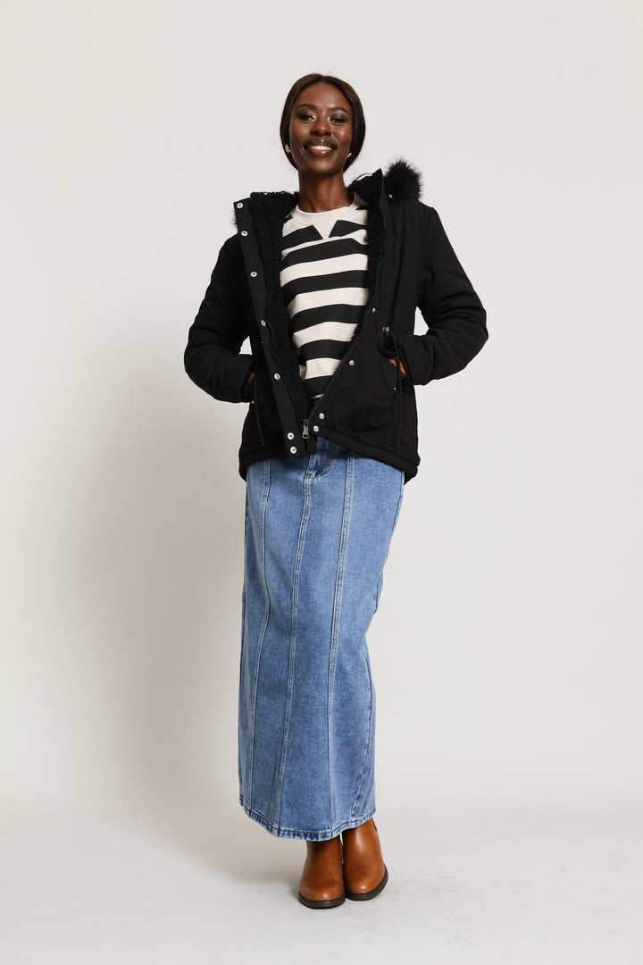 Sherpa Lined Parka With Detachable Hood & Tonal Fur - Black