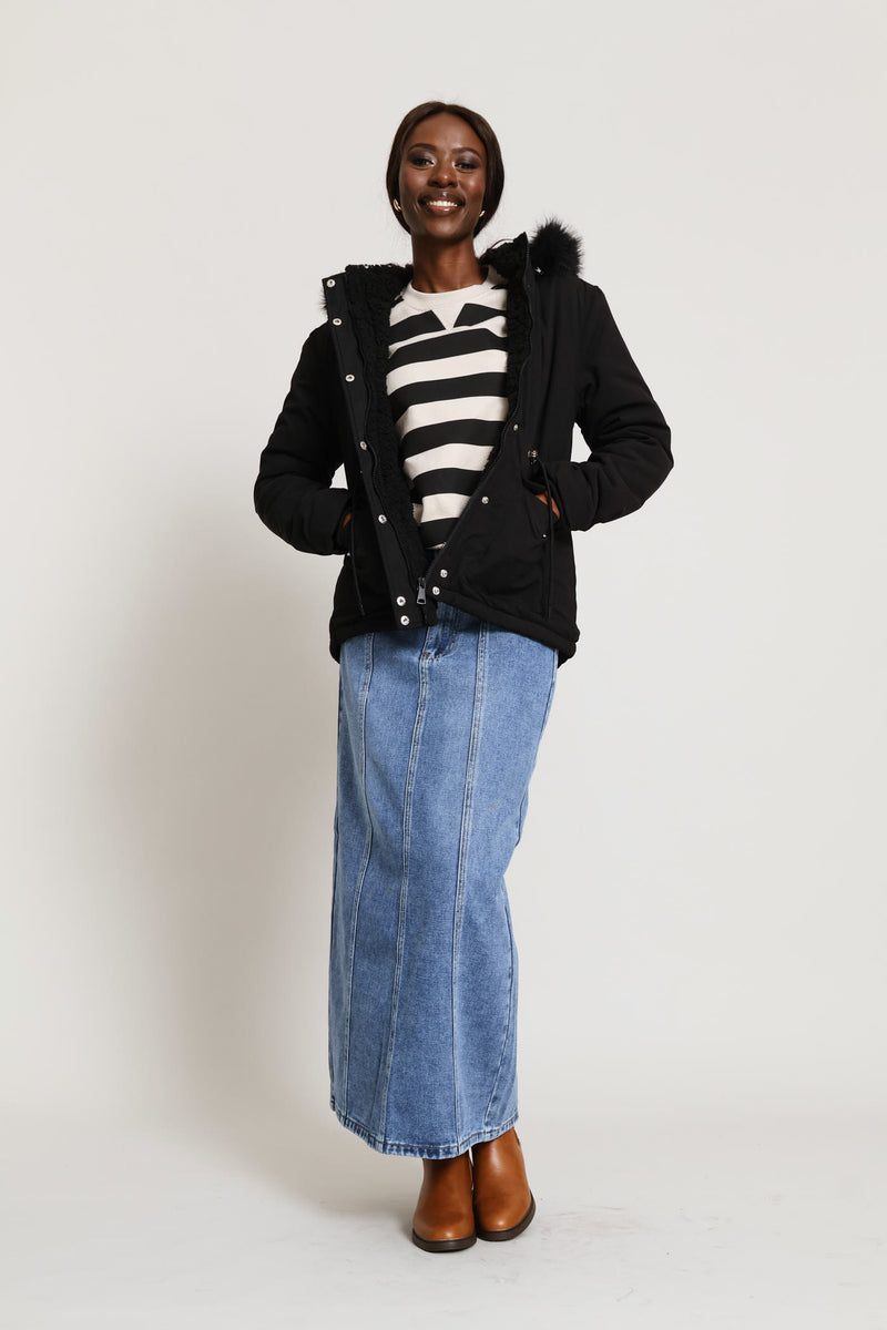 Sherpa Lined Parka With Detachable Hood & Tonal Fur - Black