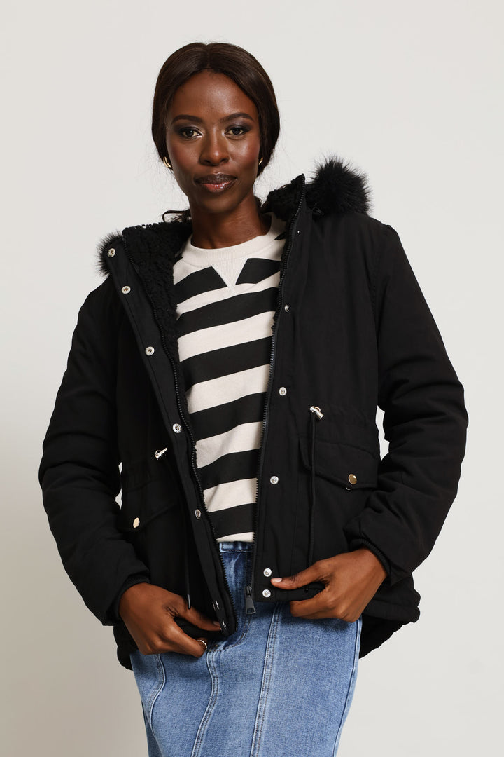 Sherpa Lined Parka With Detachable Hood & Tonal Fur - Black