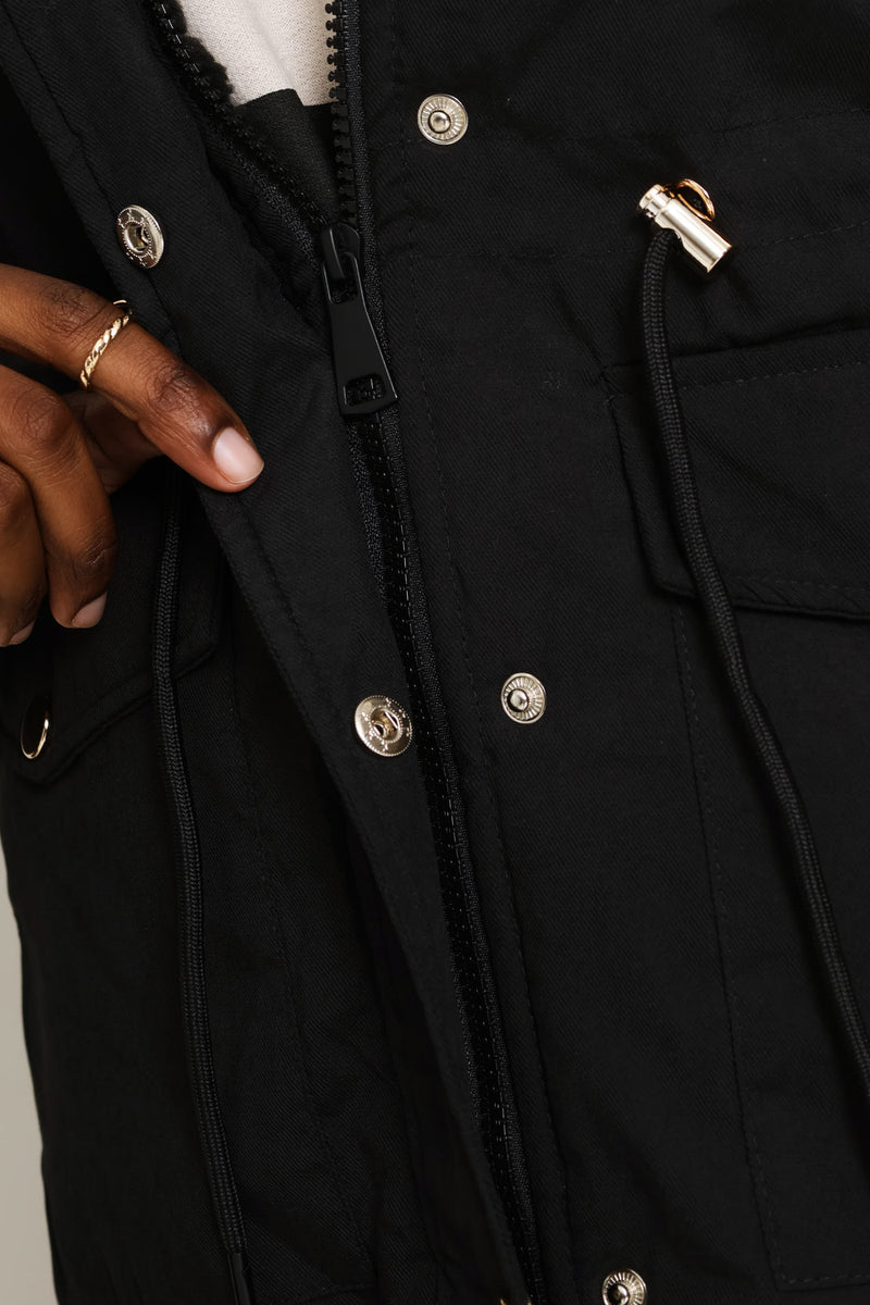 Sherpa Lined Parka With Detachable Hood & Tonal Fur - Black