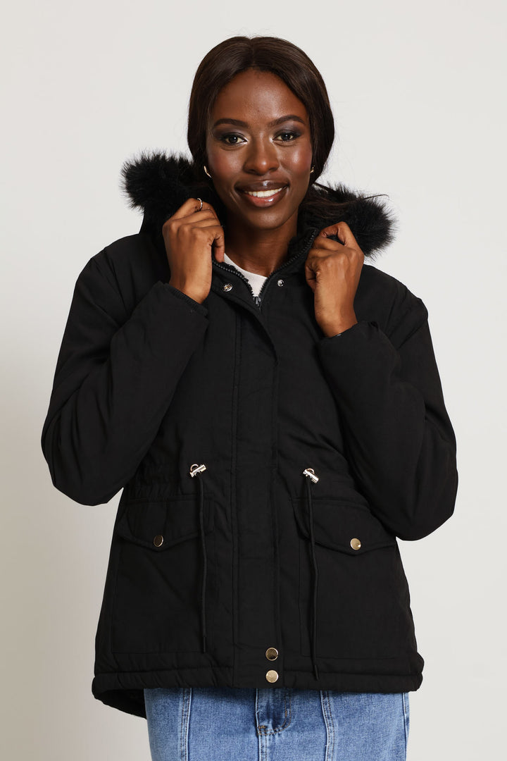 Sherpa Lined Parka With Detachable Hood & Tonal Fur - Black