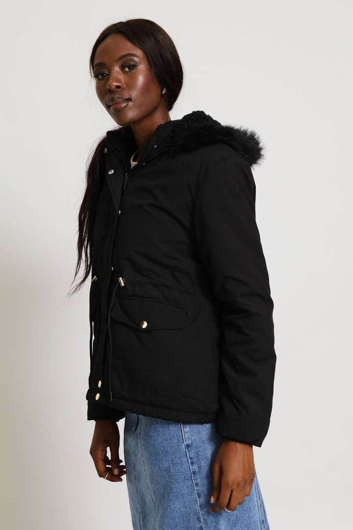 Sherpa Lined Parka With Detachable Hood & Tonal Fur - Black