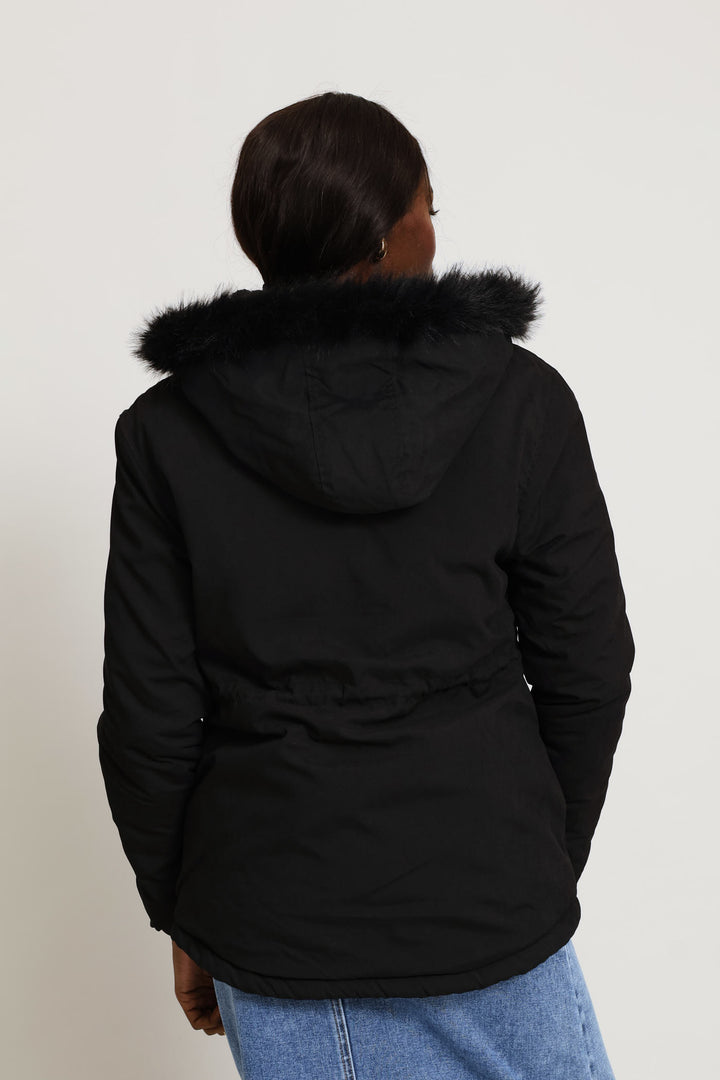 Sherpa Lined Parka With Detachable Hood & Tonal Fur - Black