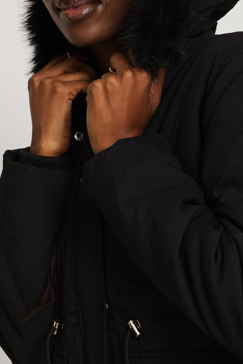 Sherpa Lined Parka With Detachable Hood & Tonal Fur - Black