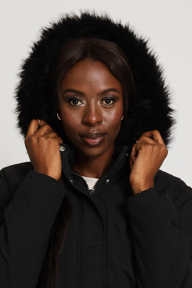 Sherpa Lined Parka With Detachable Hood & Tonal Fur - Black