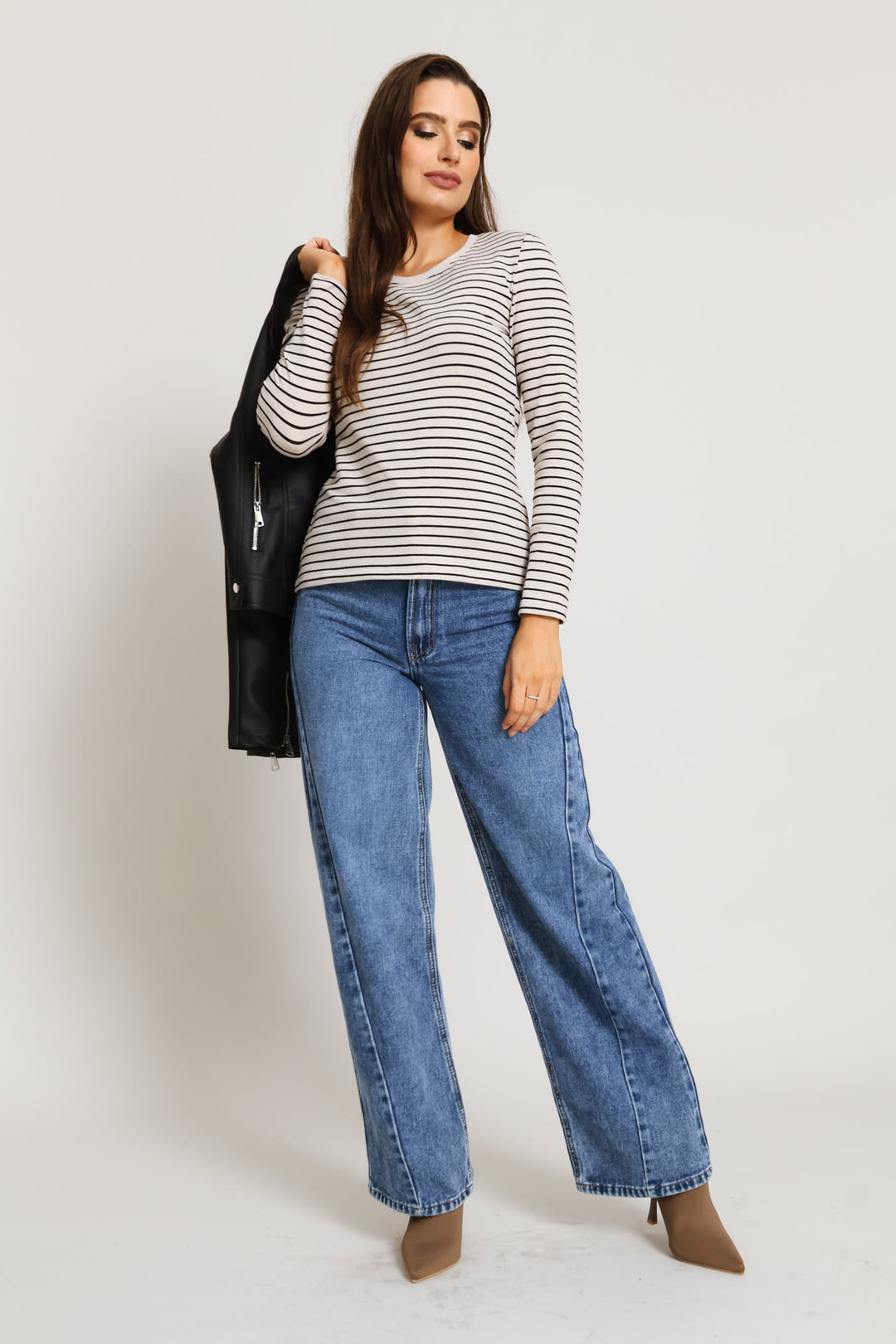 Long Sleeve Striped Crew Top - Stone/Black