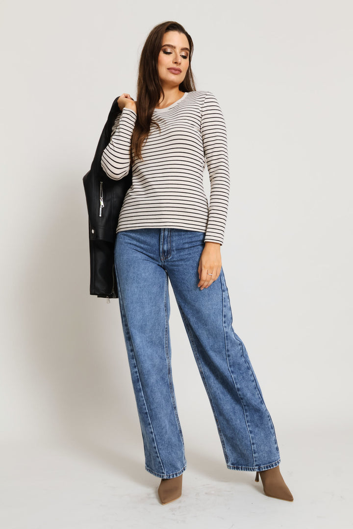 Long Sleeve Striped Crew Top - Stone/Black