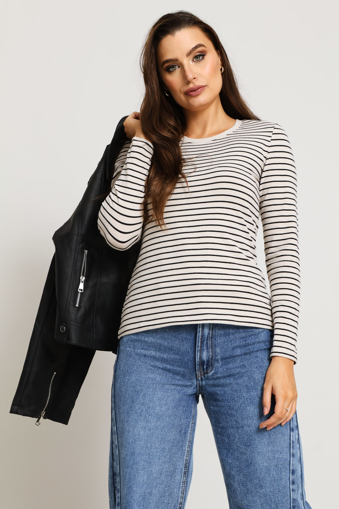 Long Sleeve Striped Crew Top - Stone/Black