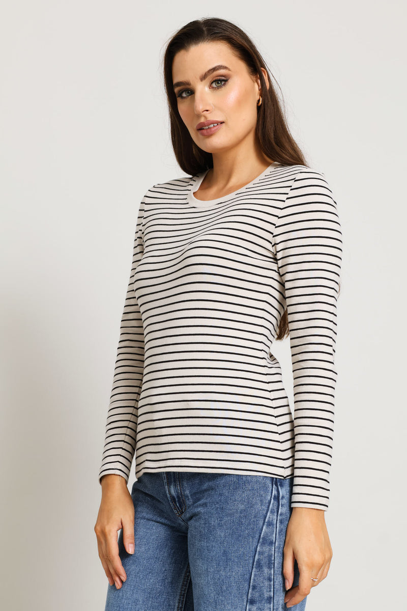Long Sleeve Striped Crew Top - Stone/Black