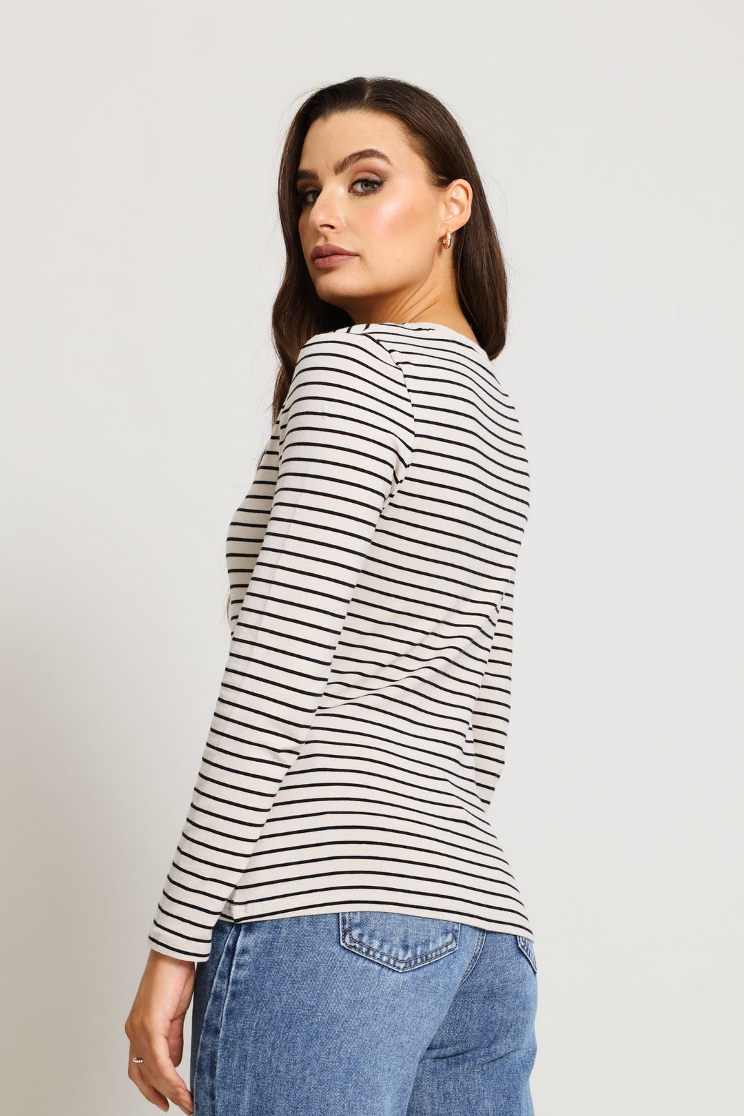 Long Sleeve Striped Crew Top - Stone/Black