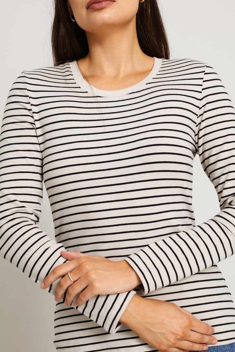 Long Sleeve Striped Crew Top - Stone/Black