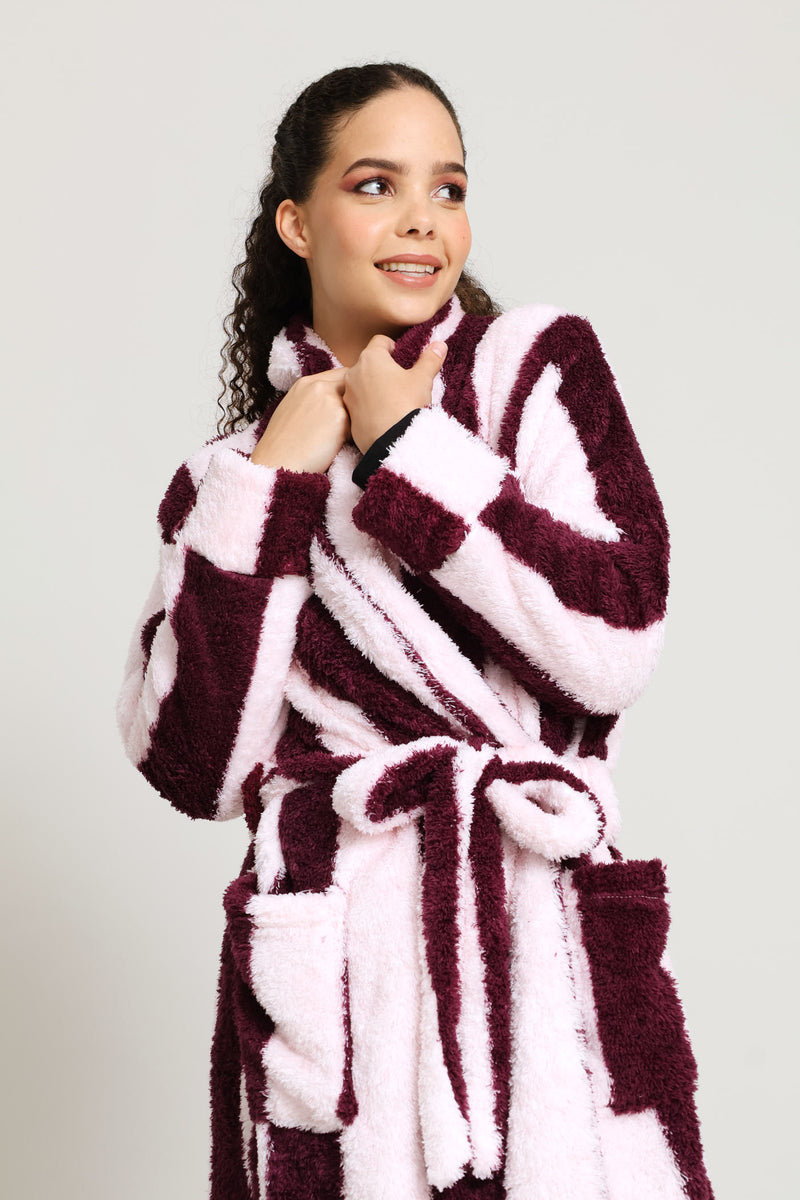Shaggy Sherpa Stripe Wrap Gown - Burgundy