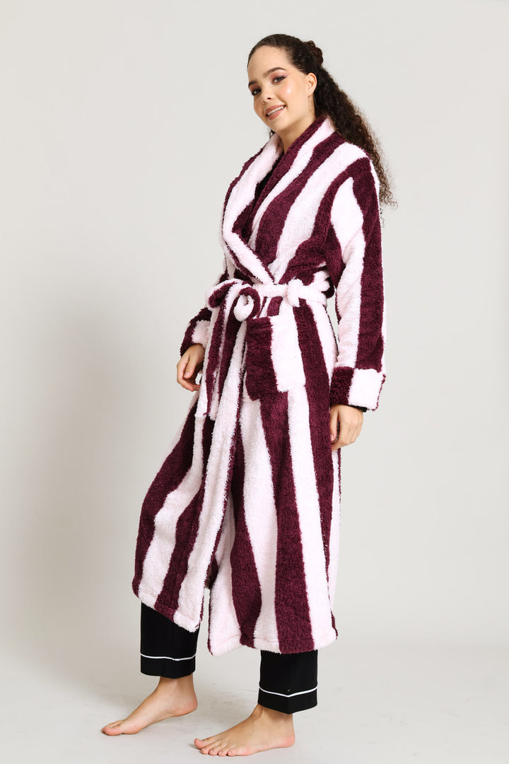 Shaggy Sherpa Stripe Wrap Gown - Burgundy