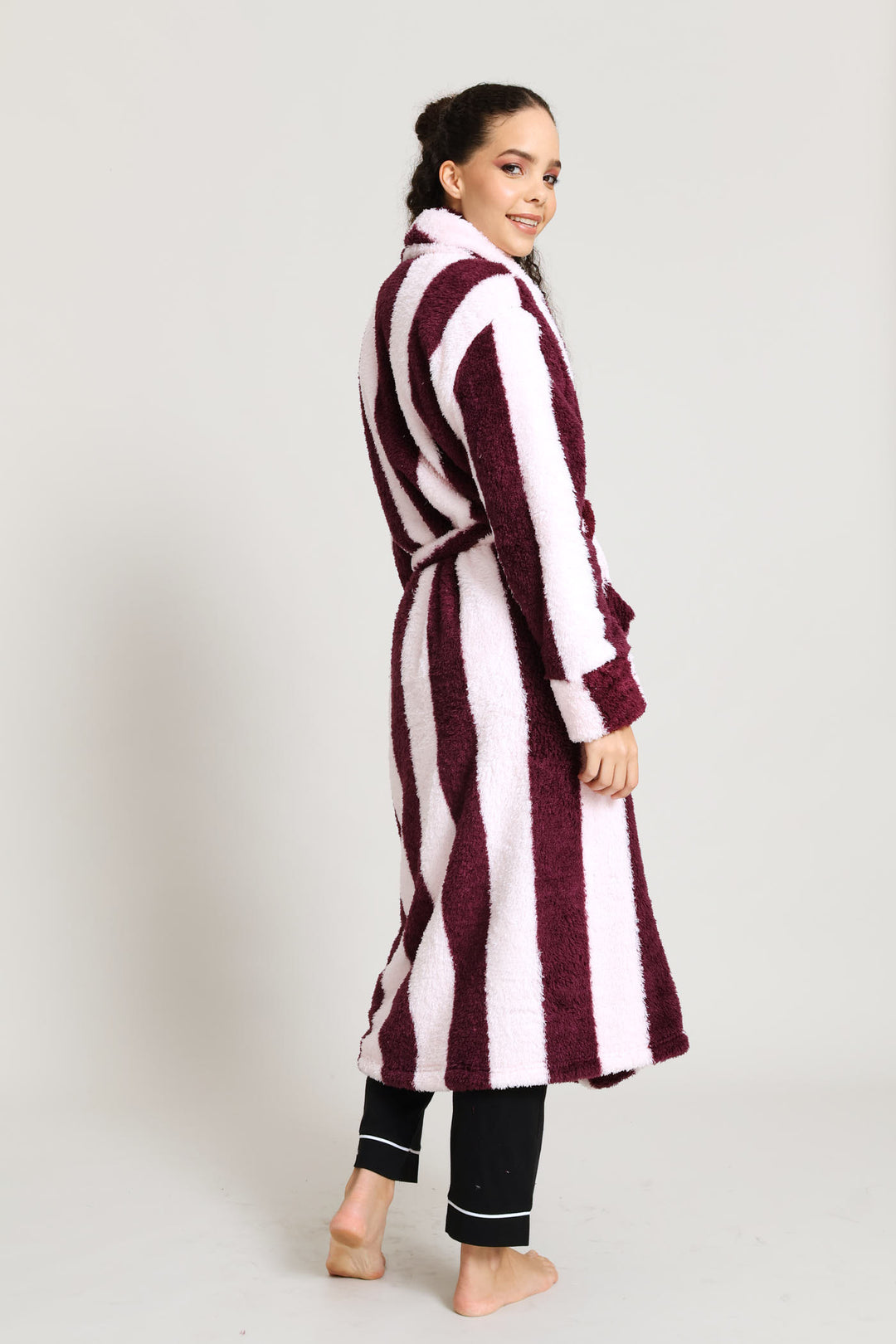 Shaggy Sherpa Stripe Wrap Gown - Burgundy