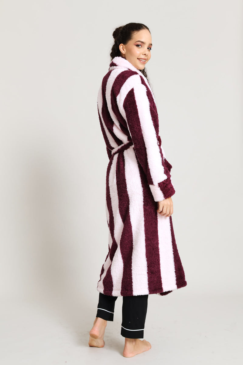 Shaggy Sherpa Stripe Wrap Gown - Burgundy
