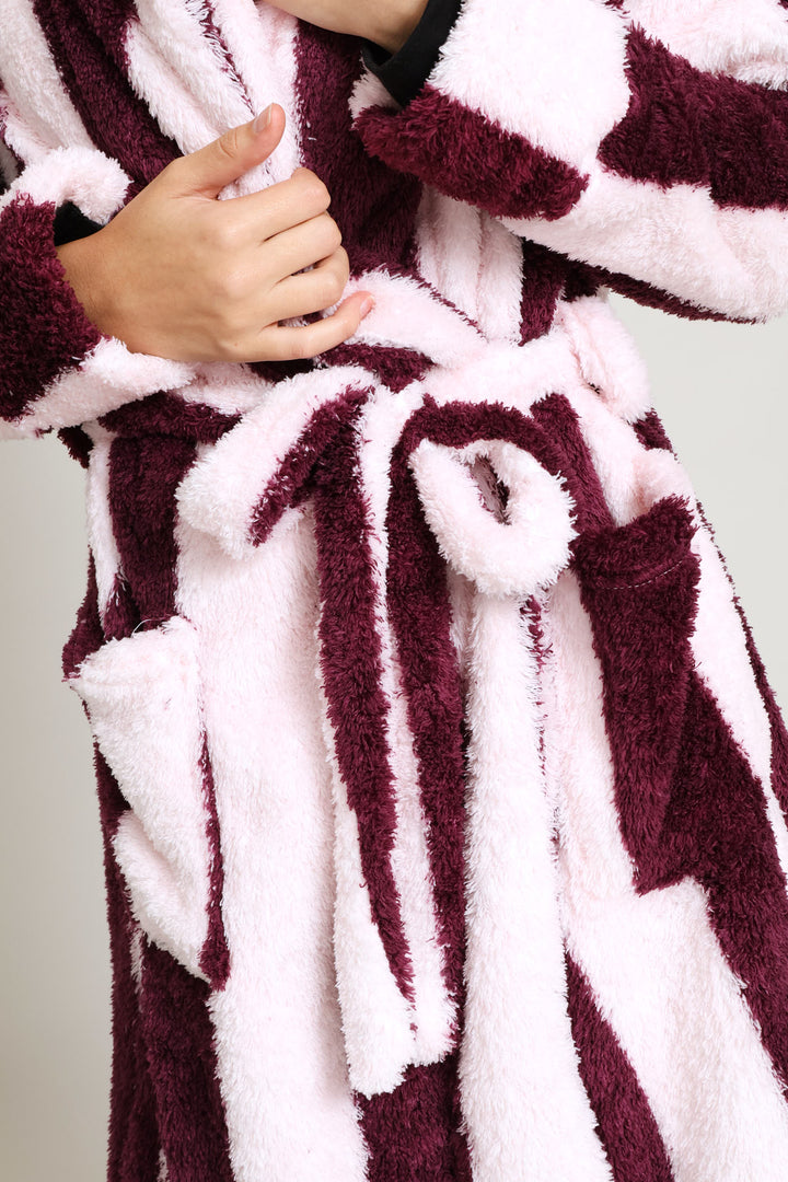 Shaggy Sherpa Stripe Wrap Gown - Burgundy