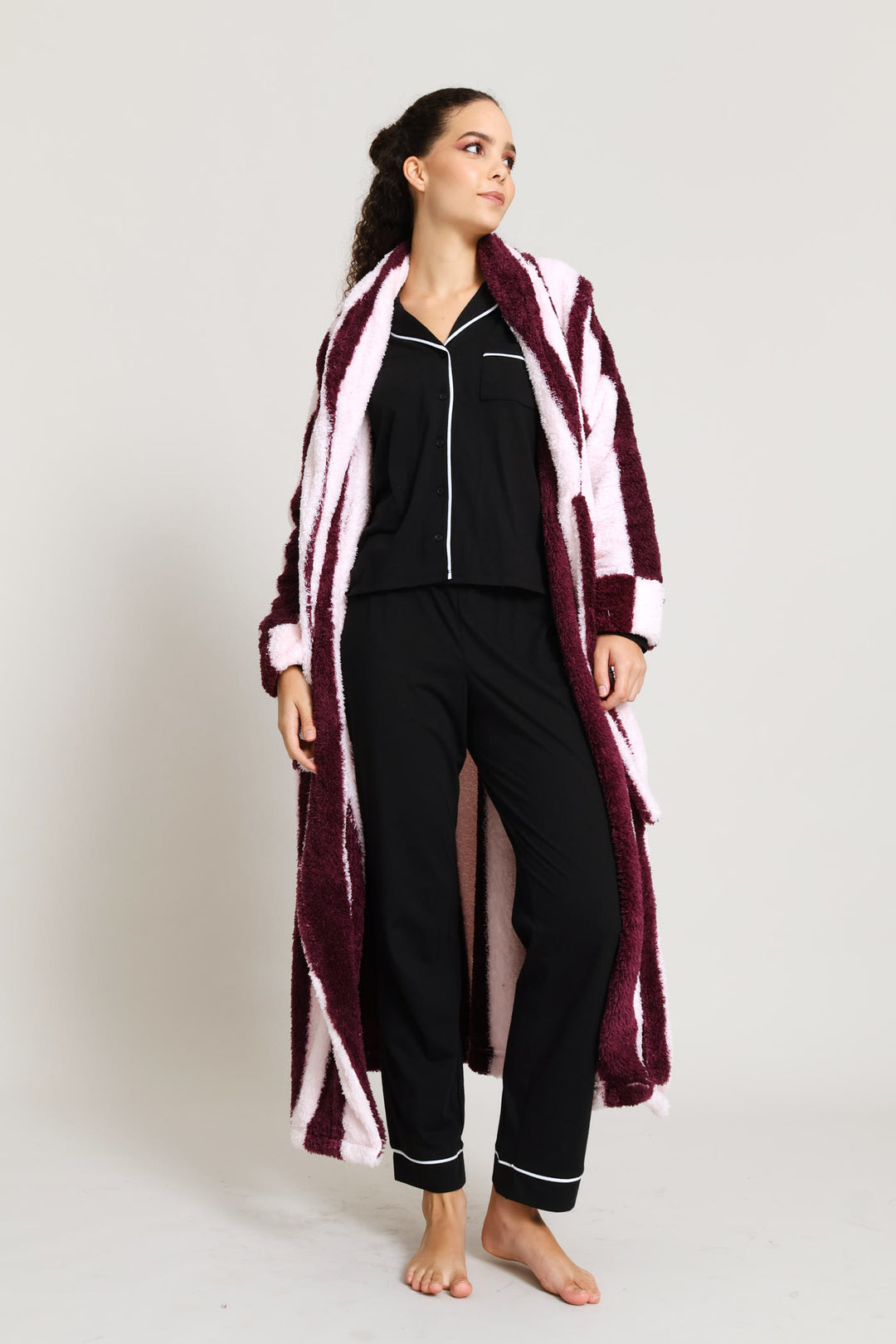 Shaggy Sherpa Stripe Wrap Gown - Burgundy