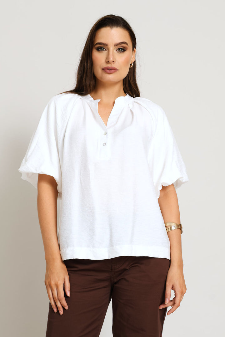 Quarter Placket Bubble Sleeve Peplum Blouse - Off White