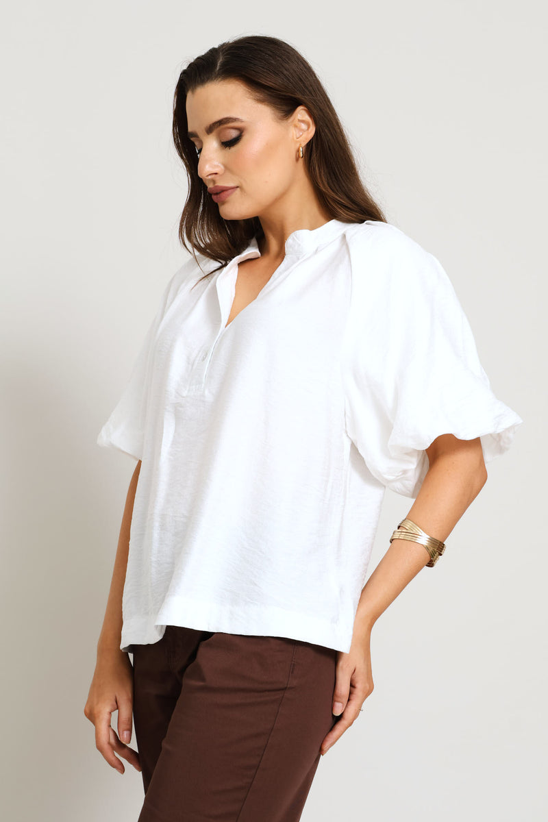 Quarter Placket Bubble Sleeve Peplum Blouse - Off White