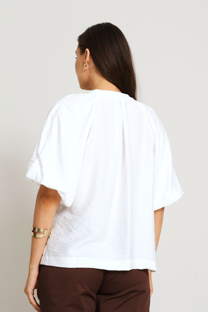 Quarter Placket Bubble Sleeve Peplum Blouse - Off White