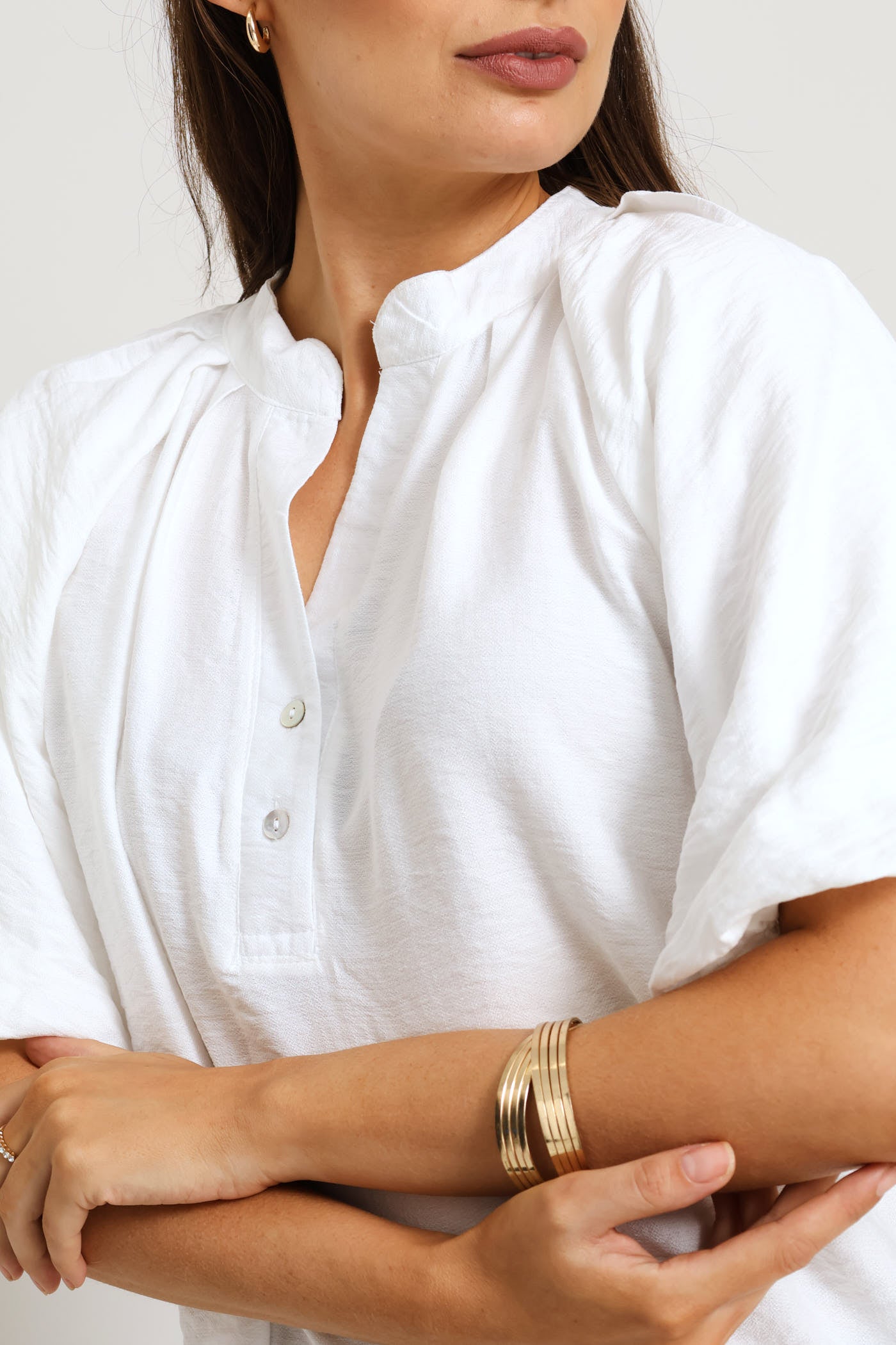 Ladies Quarter Placket Bubble Sleeve Peplum Blouse - Off White