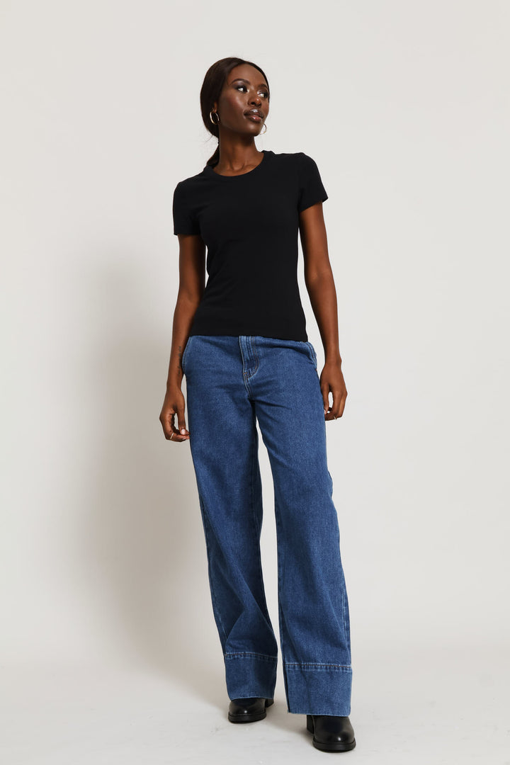 Hi-Rise Wide Hem Wide Leg Denim - Dark Wash