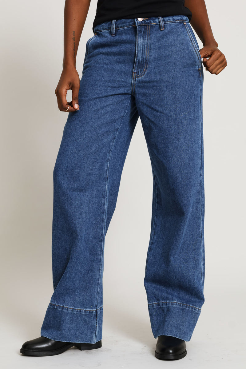 Hi-Rise Wide Hem Wide Leg Denim - Dark Wash
