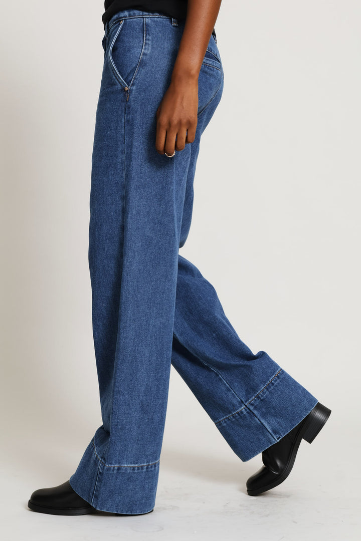 Hi-Rise Wide Hem Wide Leg Denim - Dark Wash