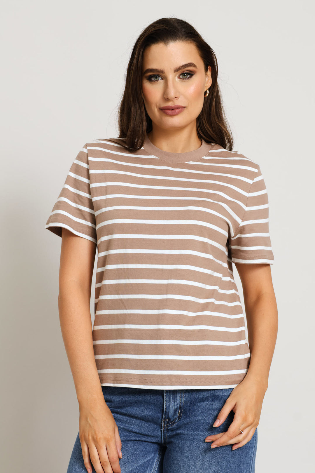 Plain Rib Neck Skinny Stripe Boxy Tee - Taupe/Cream