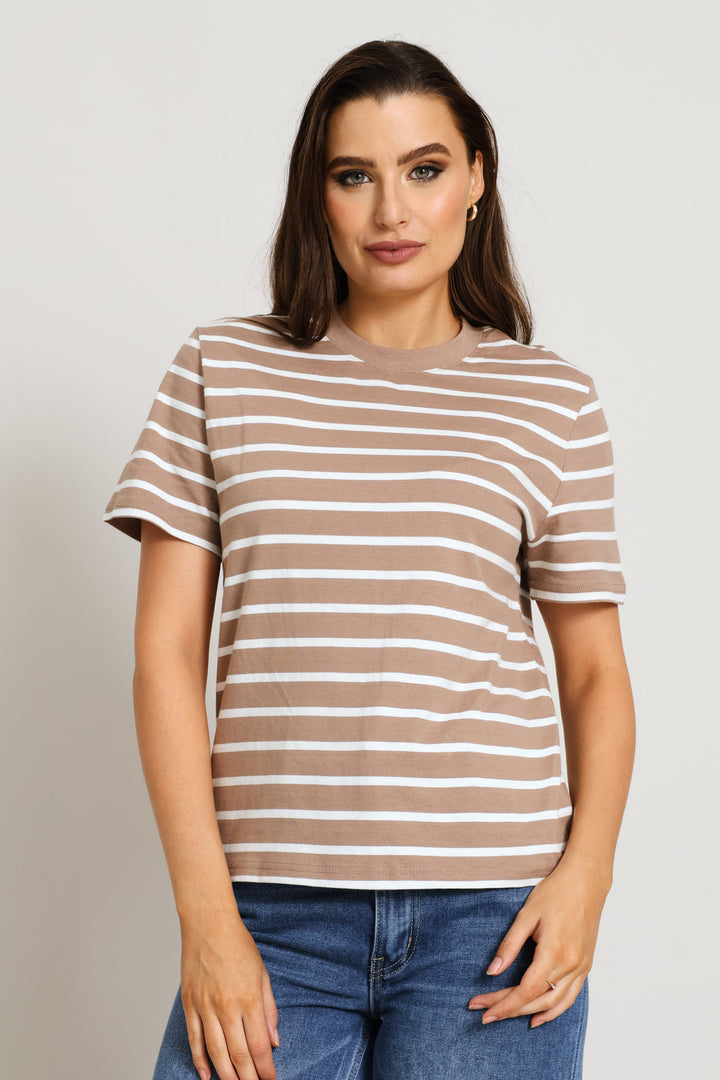 Plain Rib Neck Skinny Stripe Boxy Tee - Taupe/Cream